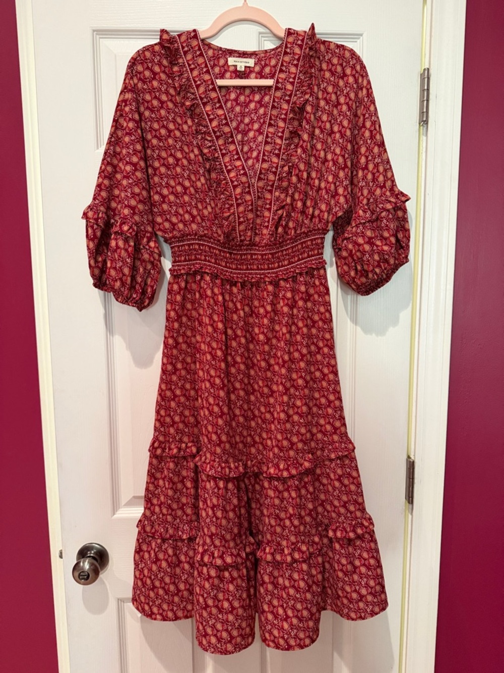 Max Studio Red Floral V‑Neck Tiered Midi Dress